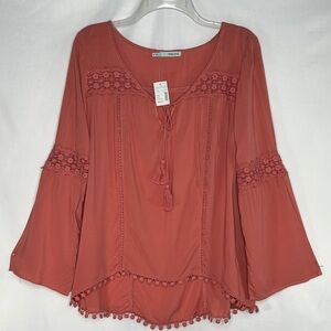 Maurice’s NWT Boho‎ Peasant Blouse Salmon Popover Lace Crochet Fringe Sz M